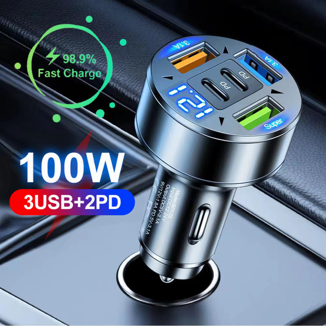 Car Charger 100W 5 Ports Fast Charging PD QC3.0 USB C Car Phone Charger Adapter With Voltage for iPhone Samsung Huawei Xiaomi