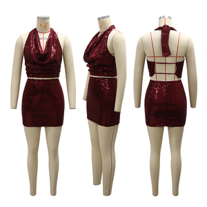 Ensemble 2 pièces à sequins CY902062 : <span class=keywords><strong>Crop</strong></span> <span class=keywords><strong>top</strong></span> licou à encolure drapée et <span class=keywords><strong>mini</strong></span>-jupe – Tenue de soirée sexy dos nu 2026 - Product Image 2