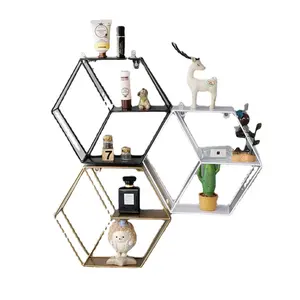 Los mejores estantes flotantes hexagonales de Metal de 29cm XY con partición de madera para decoración para sala de estar, estantes flotantes hexagonales, estante para libros