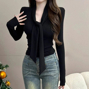 Women's Tie-Neck Long Sleeve T-Shirt Slim Fit Solid Color Soft Knit Top Burgundy For Layering - Product Image 3