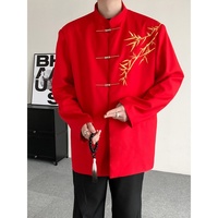 Veste Tang pour homme à col montant, brodée en bambou, style chinois rétro, avec boutons grenouille métalliques, veste décontractée