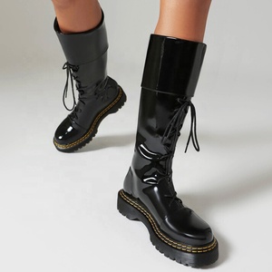 Large Size 48 Women Flat Lace up Knee High <b>Boots</b> Knight Round Toe Long Booties Wide Fit Zipper Patent Shoes - Product Image 3