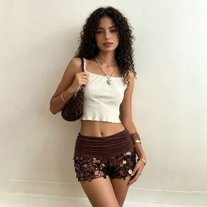 Women's Y2K <b>Sequined</b> Elastic Waist Skinny Low Waist Shorts Sexy Slim Fit Ruffle Turned Waistband Hot <b>Pants</b> Party Clubwear - Product Image 3