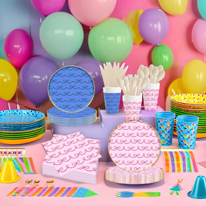 ชุดอุปกรณ์จัดงานวันเกิดเด็กผู้หญิง DAMAI สีฟ้าชมพู โบว์ผูก ผ้าเช็ดปาก แก้ว จาน ชามกระดาษแบบใช้แล้วทิ้ง - Product Image 3