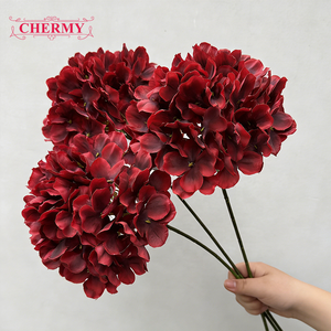 ดอกไฮเดรนเยียสีแดงเข้มผ้าไหมเทียม <span class=keywords><strong>ราคา</strong></span>โรงงาน TH396 สำหรับงานแต่งงานและจัด<span class=keywords><strong>ดอกไม้</strong></span> - Product Image 1