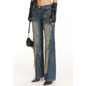 กางเกงยีนส์เดนิมวินเทจฟอกสีขาดๆ 100% ผ้าฝ้าย เอวต่ำ สำหรับผู้หญิง - Product Image 2