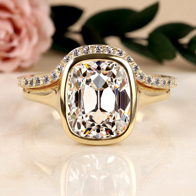 Vintage Cushion Cut Moissanite Halo Engagement Ring Curved Wedding Band Sterling Silver Rose Gold Plated Bridal Jewelry Gift