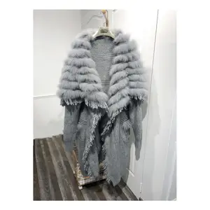 RXFurs invierno cálido personalizado cuello de piel auténtica chaqueta gabardina abrigos de Mujer abrigo de punto de Cachemira con ribete de piel de zorro señoras