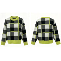 Pull tricoté pour femme à motif damier personnalisable, maille néon à carreaux, style mohair duveteux, tricot tendance