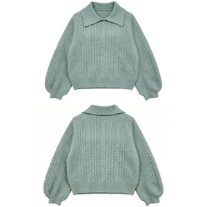 Custom Minimalist Chunky Top Cable Knit V <strong>Neck</strong> Long Sleeve Winter Warm <strong>Polo</strong> Sweater <strong>Jumper</strong> - Product Image 3