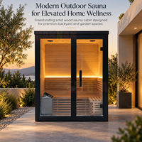 Sauna extérieur en bois massif sur mesure avec design en verre intégral sur le devant, sauna moderne autoportant pour jardin