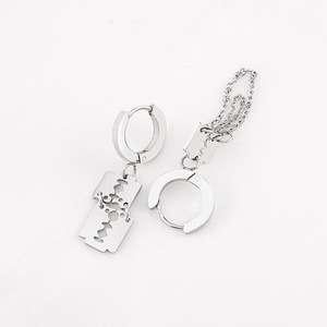 yunnique <b>Titanium</b> Steel Hoop Earrings With Blade And <b>Chain</b> Pendant Geometric Design For Men And Women - Product Image 3