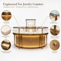 Vitrine de présentation de bijoux ronde en verre doré sur mesure OEM ODM, vitrine éclairée pour grand magasin