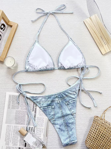 Xuanlang - Conjunto de Bikini de 2 Piezas con Estampado Vaquero, Cuello Halter, Push-Up y Tanga, de Secado Rápido, con Lazo, para Mujer - Product Image 3