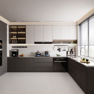 Cuisine moderne gris et blanc bicolore sans poignées en bois <span class=keywords><strong>de</strong></span> pin <span class=keywords><strong>avec</strong></span> vitrine en verre, cuisinière à <span class=keywords><strong>gaz</strong></span> ROBAM à LED, meuble bas foncé sur mesure en contreplaqué RTA - Product Image 1