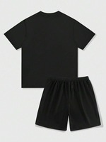 Conjunto Deportivo Unisex de Camiseta y Pantalones Cortos con Estampado Degradado Negro, Manga Corta, Cintura con Cordón Ajustable, Transpirable, de Poliéster