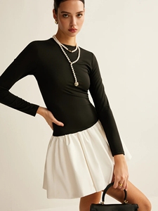 Robe Mini Femme Bicolore Personnalisable Style Boss Lady pour le Bureau, Haut en Jersey à Manches <span class=keywords><strong>Longues</strong></span> et Jupe Plissée, Robe 1 Pièce - Product Image 3
