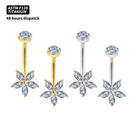 Anneau de nombril en titane ASTM F136 avec zircon marquise en forme de fleur, piercing interne fileté, bijoux hypoallergéniques