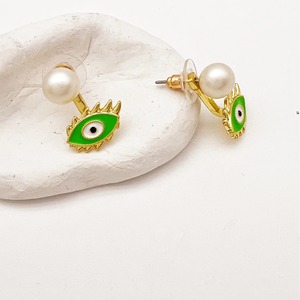 Green Evil Eye Pearl <b>Stud</b> <b>Earrings</b> Gold Plated Bezel Setting Everyday Wear Fashion Accessory - Product Image 3