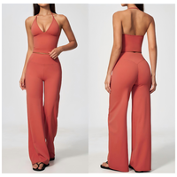 Pakaian Yoga Solid Berbahan Halus dengan Kerah V Dalam Model Halter, Menyerap Keringat, Bernapas, Bergaya, Set 2 Potong, Pakaian Aktif