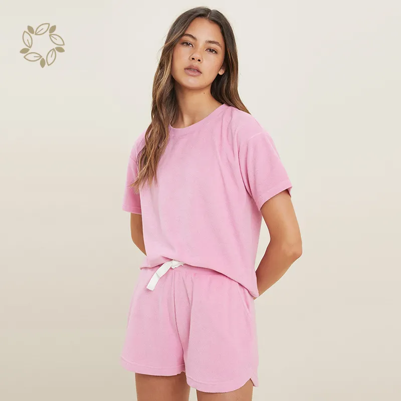 Biologische Bamboe Badstof Shorts Set Badstof Set Vrouwen Omgekeerde Franse Badstof T-Shirt En Korte Broek Eco Vrouwen Shorts Set