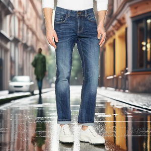 Jeans pour homme coupe droite en denim tricoté délavé style motard séchage rapide respirant léger printemps automne été - Product Image 2