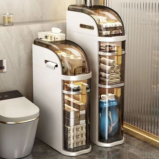 Narrow Slim Bathroom Storage Cabinet with Transparent Dustproof Door, Freestanding Toilet Side Organizer with Tissue Roll Holder