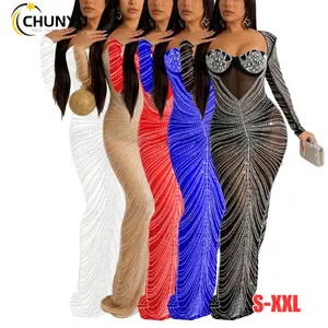 Women's Sexy Slim Rhinestone Mesh See Through Elegant Girls Party Club Night Outfit Long Bodycon Maxi Dresses