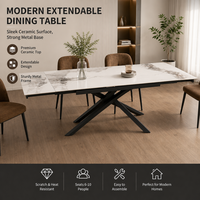 Table à manger extensible moderne de luxe avec plateau en céramique blanche et base en métal noir en forme de X robuste pour une utilisation familiale