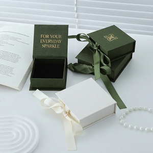 Textured Square Cardboard Jewelry Packaging <strong>Box</strong> with Card <strong>Holder</strong> Slot | Custom Necklace <strong>Earring</strong> <strong>Box</strong> Ribbon Magnet Closure - Product Image 1