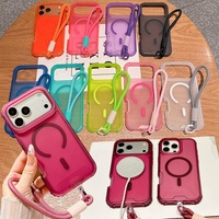 Coque magnétique transparente givrée 3-en-1 TPU+PC au toucher doux avec sangle de poignet pour iPhone 12 13 14 15 16 17 18 Pro Max compatible charge sans fil