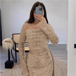 Vestido de Noche con Lentejuelas y Hombros Descubiertos, Manga Larga, Cintura Natural, Cierre Frontal, Hecho a Mano, para Fiesta Formal - Product Image 2