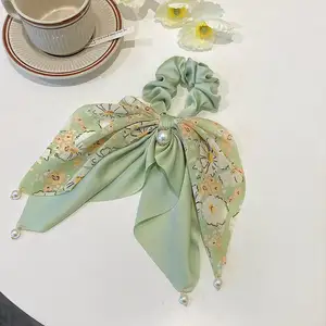 Koreanische frische Schmetterlingsknoten-Haar-Scrunchies elegante Streamer-Perlenhaar-Bindungen elastisch bedruckte Blumenhaar-Seilen-Zubehör