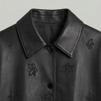 Blouson Bomber en Peau de Mouton Noir pour Femme, Col Chemise, Broderie Papillon, Fermeture à Boutons Pression, Ourlet Froncé Élastique, Coupe Ample, Manteau Court en Cuir