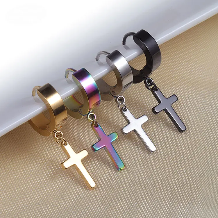 G656 Punk Jewelry Hoop Ankh Earring Clip Stainless Steel Cross Pendant Huggies Earrings