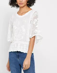 2023 Summer New Style White Women Embroidered Peplum Blouse Top