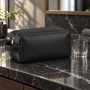 Trousse de Toilette Structurée en Cuir Végétalien pour Homme, Coutures Contrastées, 25x14x13cm, Sans PVC, Logo Personnalisé - Product Image 1