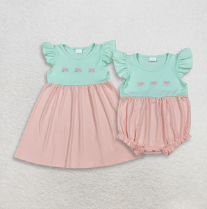 Robe et barboteuse d'été respirantes pour bébés filles, brodées, à manches volantées, patchwork, longueur genou - Product Image 4