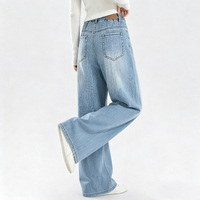 Jeans à taille haute et jambes larges pour grandes filles avec embellissement en strass, pantalon en denim délavé pour enfants de 6 à 14 ans