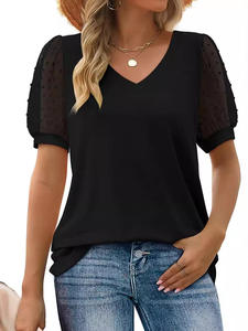 Grande taille 1XL-5XL femmes couleur blocage Sequin T-shirt été lanterne manches col en V haut décontracté - Product Image 5