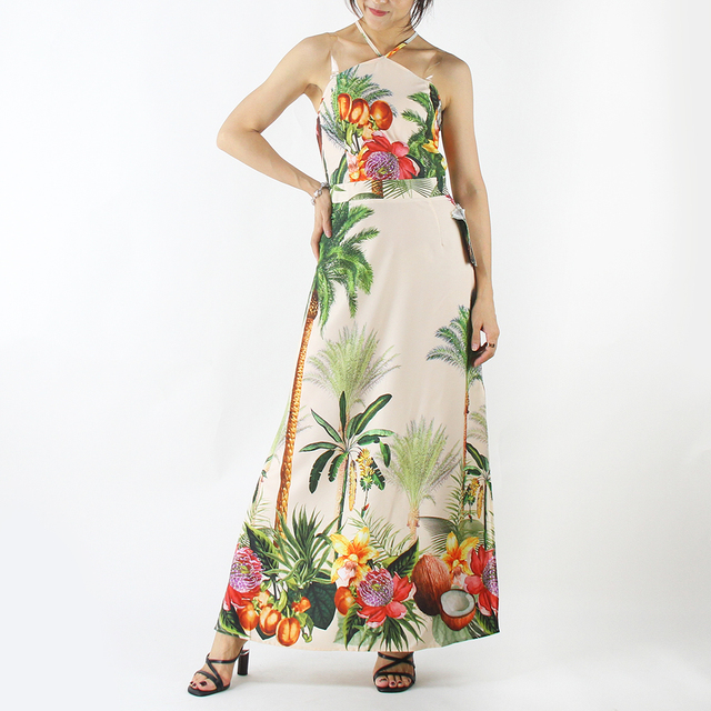 Yindian New Design Hawaiian Coconut Tree Print Sling Back Cross High Waist Design  Lady Elegant Fashion Women Casual Dresses