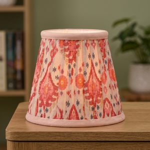 Coral Pink Cotton <b>Lampshade</b> | Handcrafted Pleated Fabric <b>Drum</b> Shade with Red & Navy Blue Pattern - Product Image 2