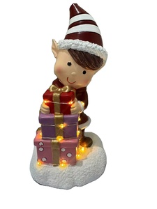 卸売LEDクリスマス樹脂工芸品エルフの置物、ギフトボックスを持った-家庭用お祝い飾り - Product Image 1