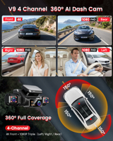 Caméra de tableau de bord de voiture 4 voies, couverture complète 360°, 4K avant + 1080P triple objectif, WiFi 6, GPS intégré, écran tactile, commande vocale, DVR de voiture