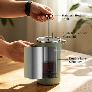 Cafetière à piston moderne en acier inoxydable à double paroi avec couvercle en verre visible 1,0 L – Écologique pour la maison et le café - Product Image 6