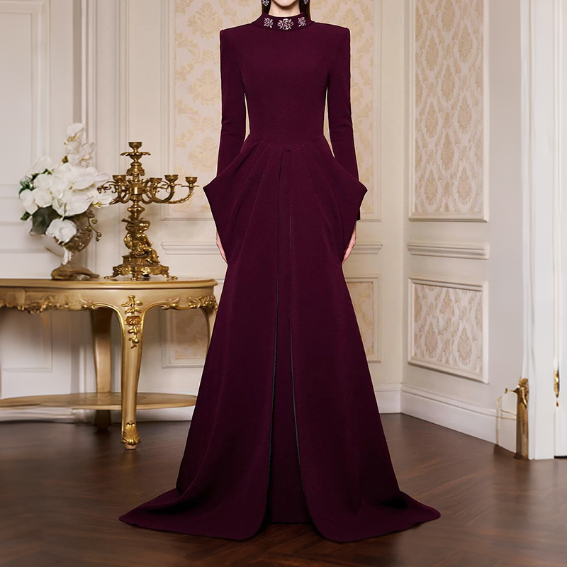 Long Sleeve Maroon Dress Elegant Women's Fashion