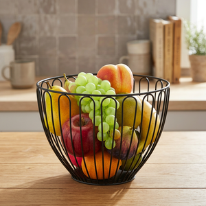 Panier à fruits rond en métal, conteneur de rangement en fer, support alimentaire minimaliste pour cuisine, conception soudée durable, type sur pied à un seul niveau - Product Image 5