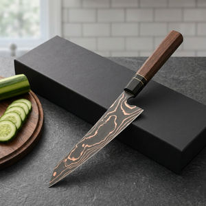 Cuchillo de cocina Apex Blades International de acero de Damasco con mango de madera, hoja de punta caída y filo biselado de una sola pieza. - Product Image 3