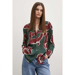 Camisa de Satén con Estampado de Mango para Mujer, Blusa Casual con Botones, Uso Diario, Patrón Verde y Rojo, Manga Larga - Product Image 2