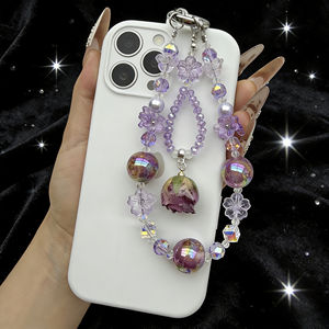 Tali Gantungan Ponsel Pendek dengan Klip, Liontin Bunga, Manik Kristal, untuk Casing Ponsel, Gantungan Kunci, dan Tas - Product Image 5